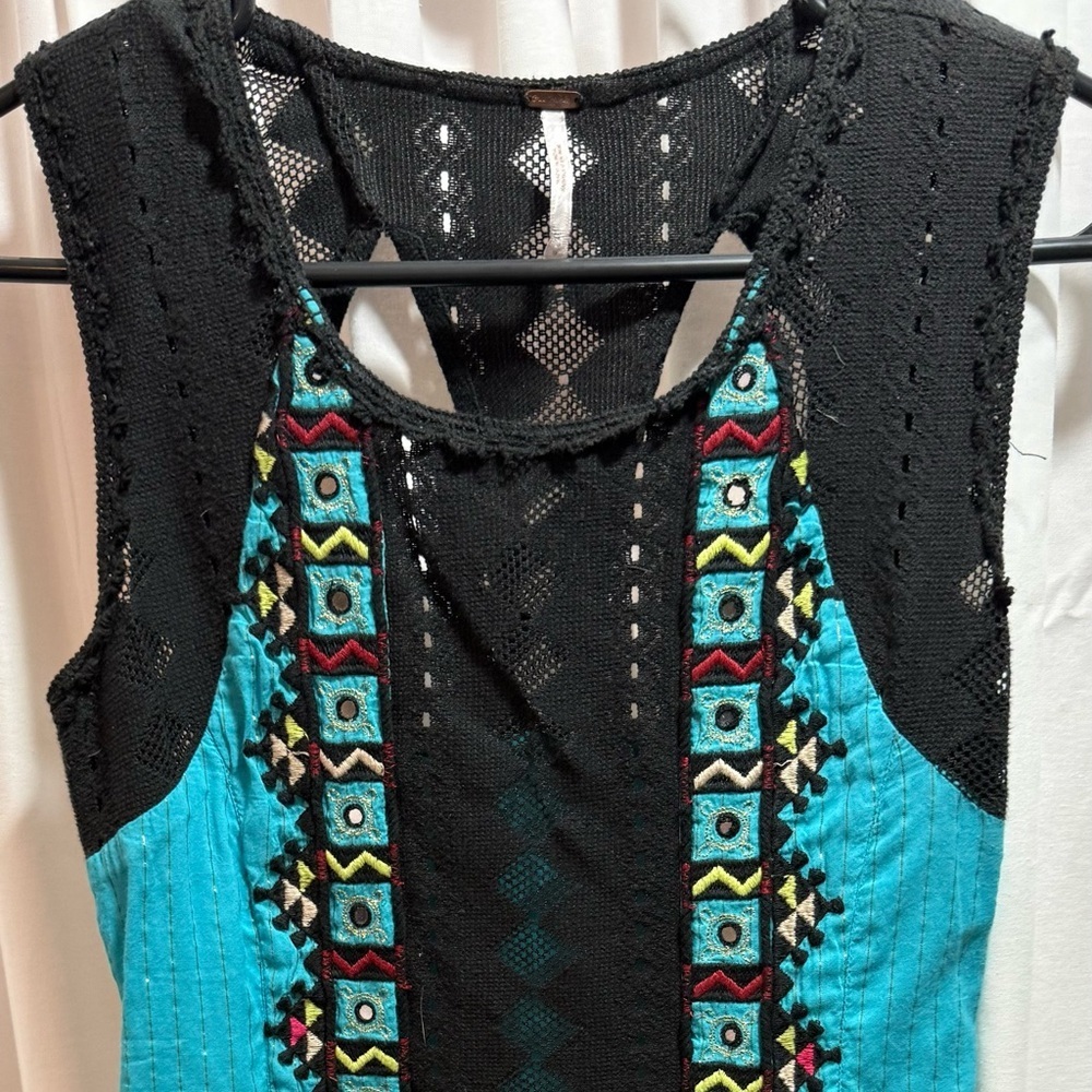 Free People Women’s Black and Teal Embroidered Sleeveless dress-runs small